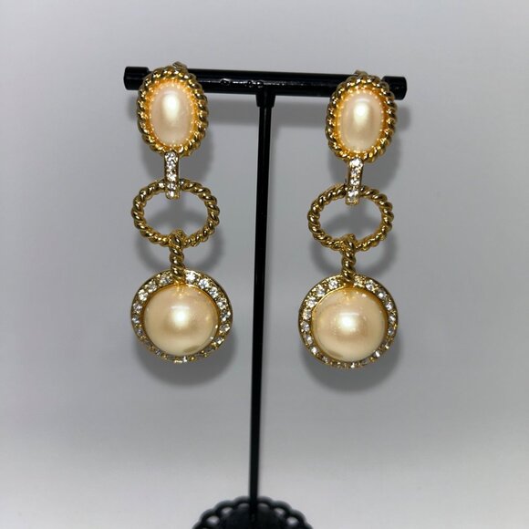 Gold-Tone Dangling Earrings With Faux Pearls & Rhinestone Accents - 2.75 Inch Le - Picture 4 of 14